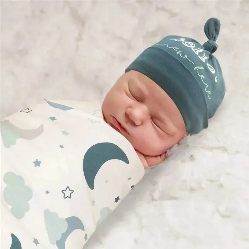 A.D Sutton - Baby Cotton Swaddle Blanket Wrap with Headband or Hat Set, Hello I'm New Here - Image 4