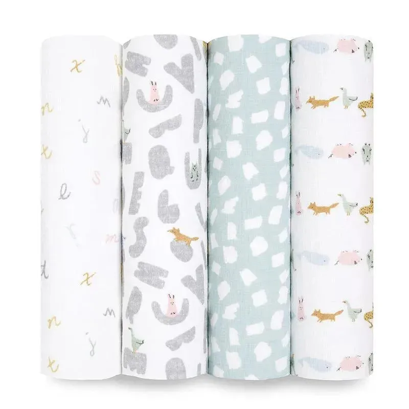Aden + Anais - 4Pk Muslin Swaddles Alphabet Animals