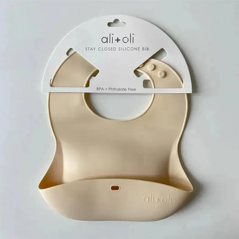 Ali + Oli Silicone Baby Bib Roll Up & Stay Closed (Sand) - Image 2