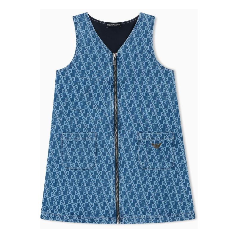 Armani Baby - Girls Print Denim Jersey Dress With All-Over Logo Blue