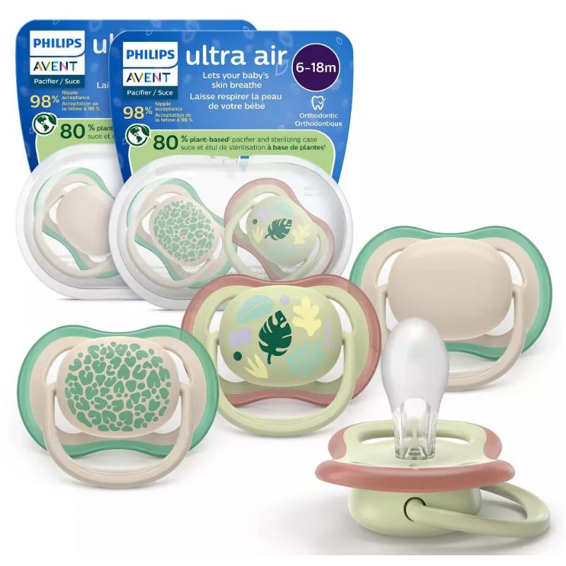 Avent 2Pk Ultra Air Pacifier 6-18M, Leopard Print/Tropical Mix