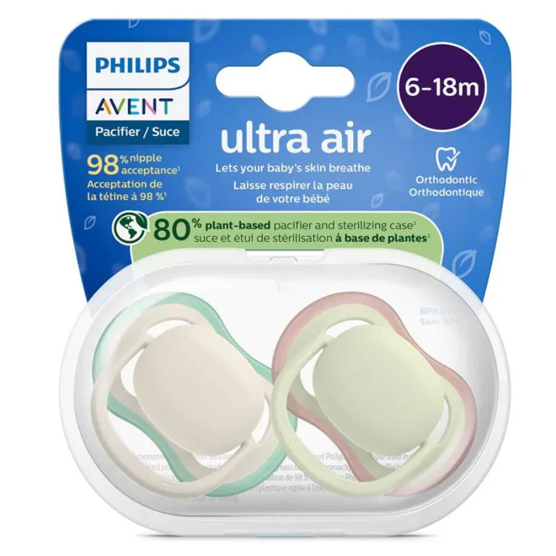 Avent 2Pk Ultra Air Pacifier 6-18M, Sand/Pastel Warm Green - Image 2