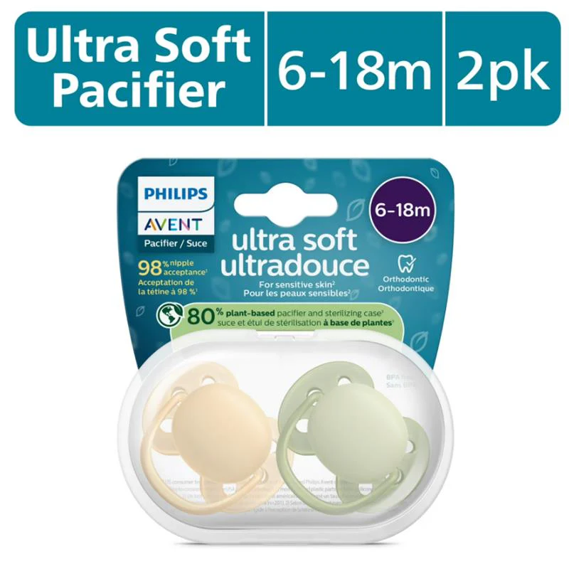 Avent 2Pk Ultra Soft Pacifier 6-18M, Beige/Pastel Warm Green - Image 2