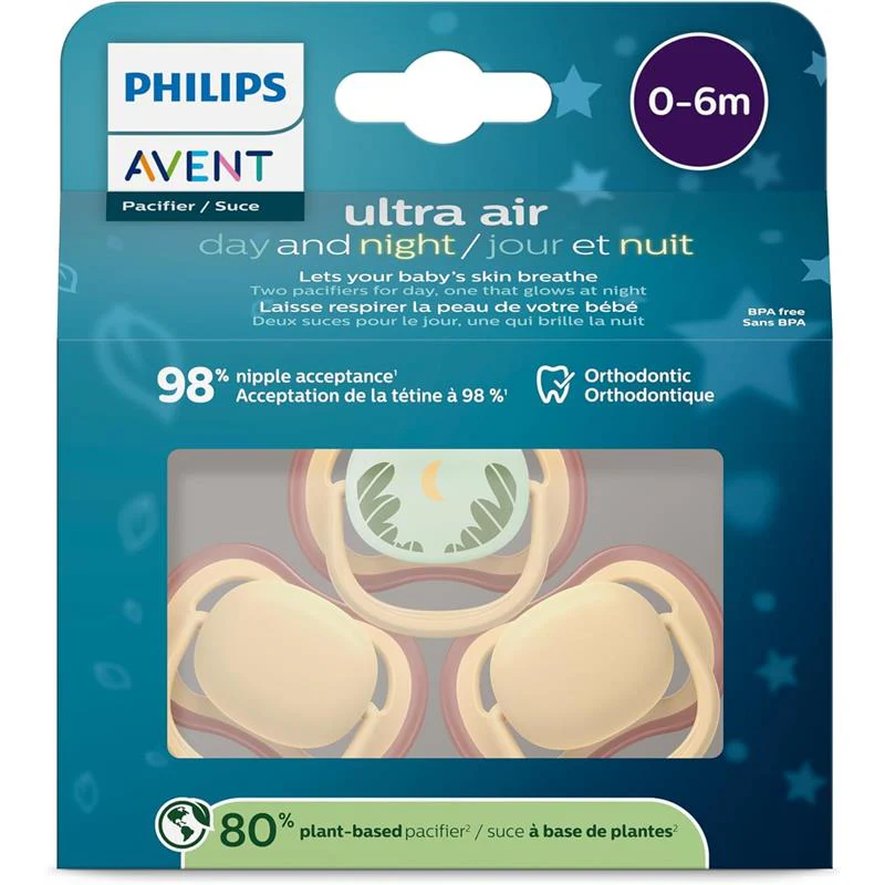 Avent 3Pk Ultra Air Pacifier 0-6M, Light Yellow/Tropical Night, Day+Night