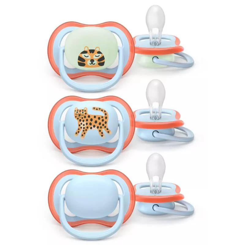 Avent 3Pk Ultra Air Pacifier 6-18M, Leopard/Sleeping Tiger, Day+Night - Image 2