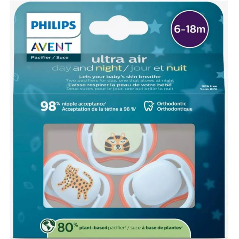 Avent 3Pk Ultra Air Pacifier 6-18M, Leopard/Sleeping Tiger, Day+Night - Image 3