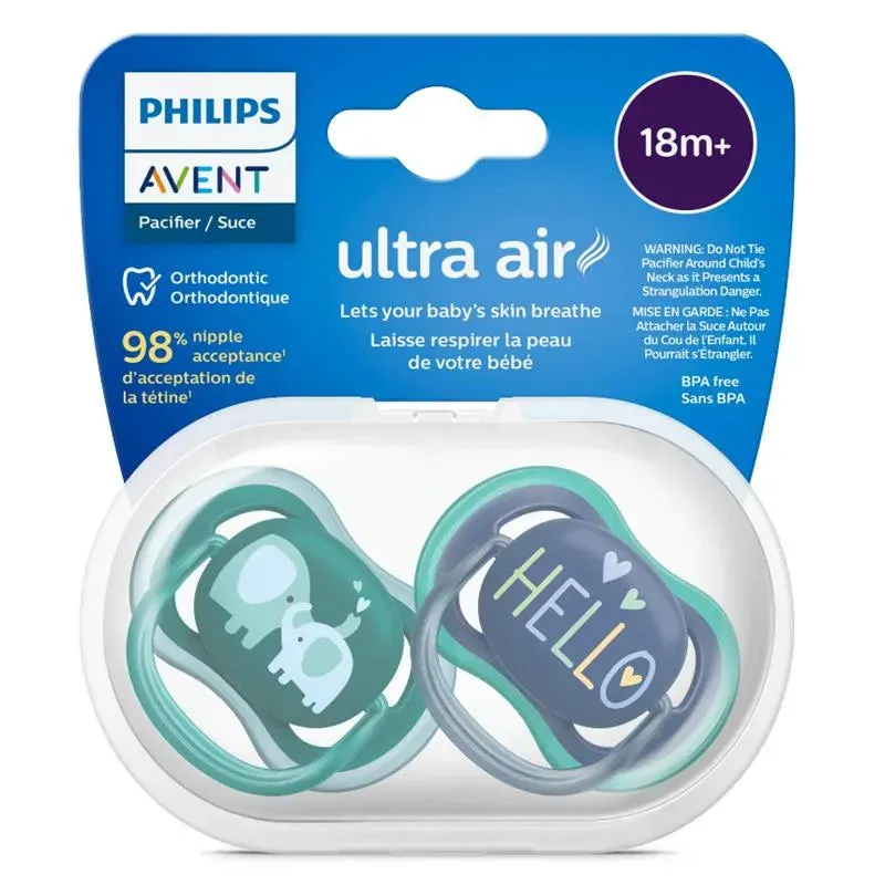 Avent - Ultra Air Pacifier 18M+, Opal Elephant / Blue Hello, 2 Pack - Image 7