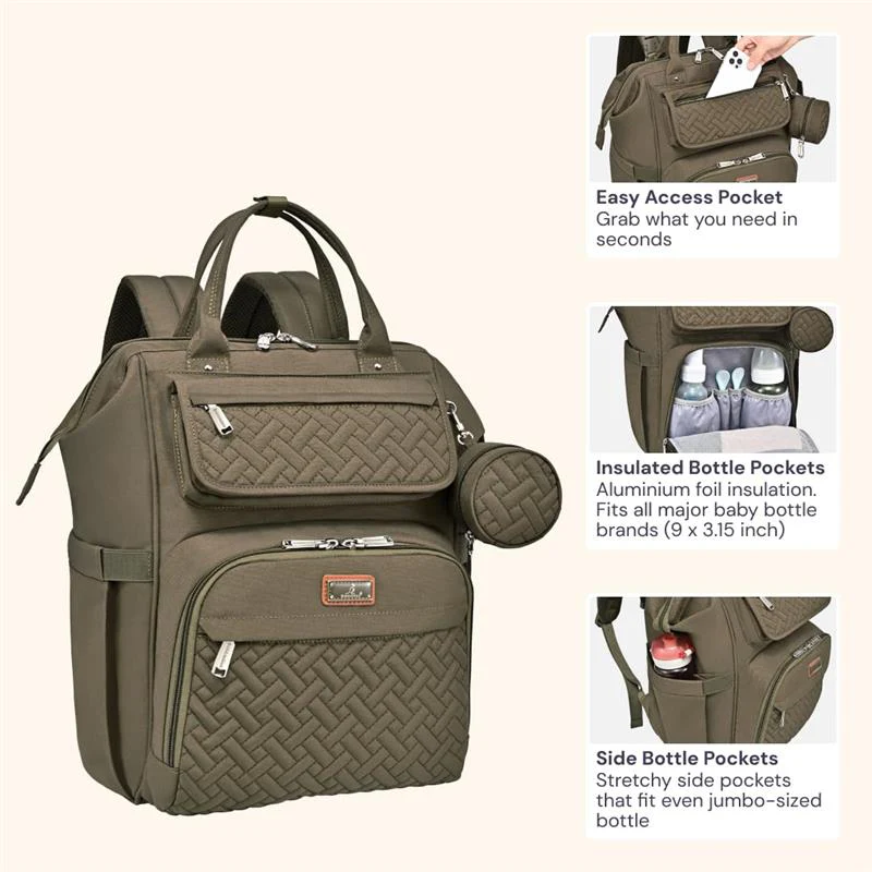 BabbleRoo - Diaper Bag, Army Green, Laptop Backpack - Image 3