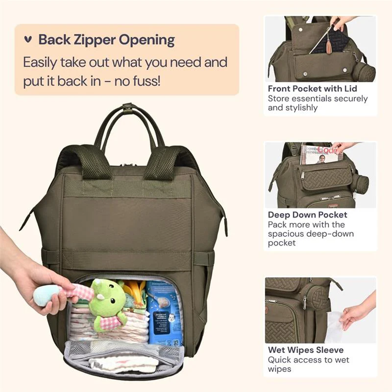BabbleRoo - Diaper Bag, Army Green, Laptop Backpack - Image 4