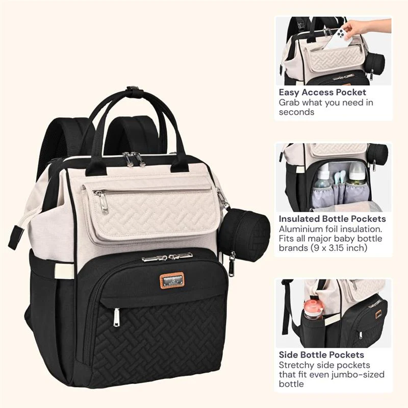 BabbleRoo - Diaper Bag Backpack, Apricot & Black - Image 3