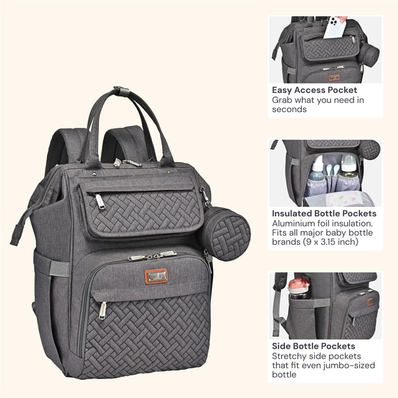 BabbleRoo - Diaper Bag Backpack Bag for Moms Dads (Dark Gray) - Image 3