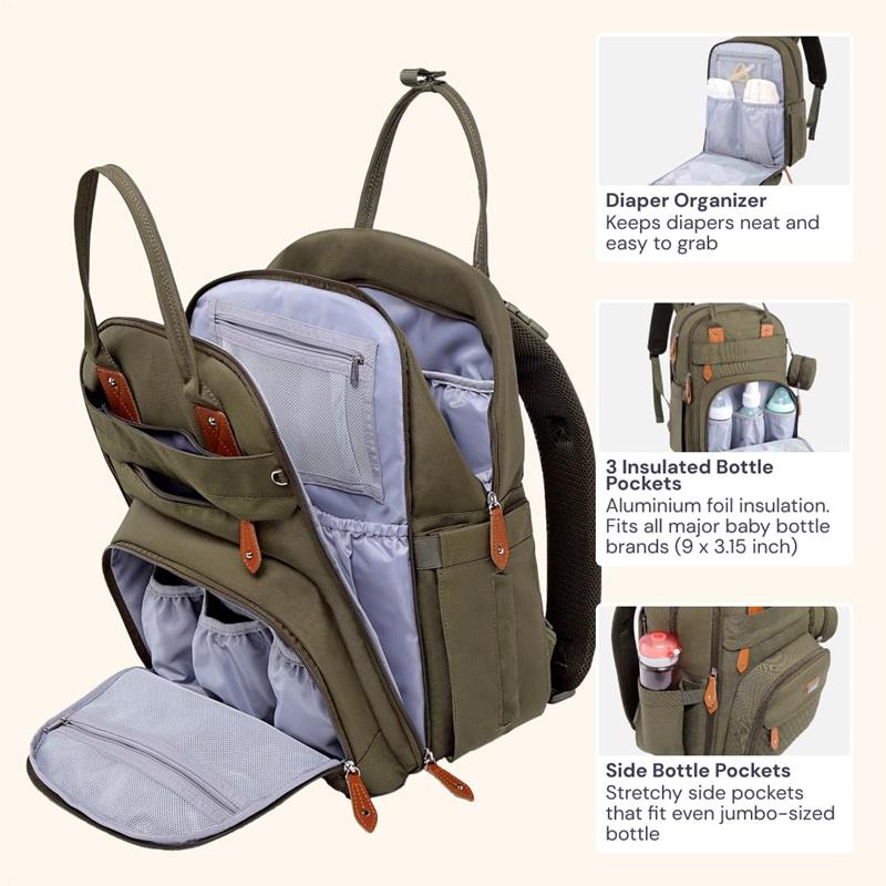 BabbleRoo - Diaper Bag Backpack Travel Essentials Baby Bag with Changing Pad, Army Green - Image 3