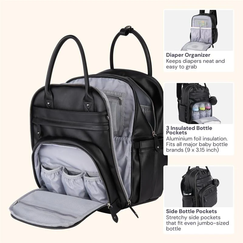 BabbleRoo - Leather Diaper Bag Backpack, Black - Image 4