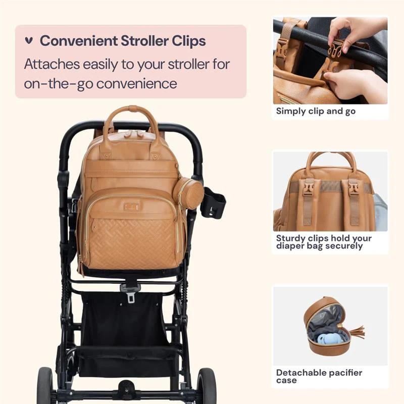 Babbleroo - Original Diaper Bag, Vegan Leather Light Brown - Image 3