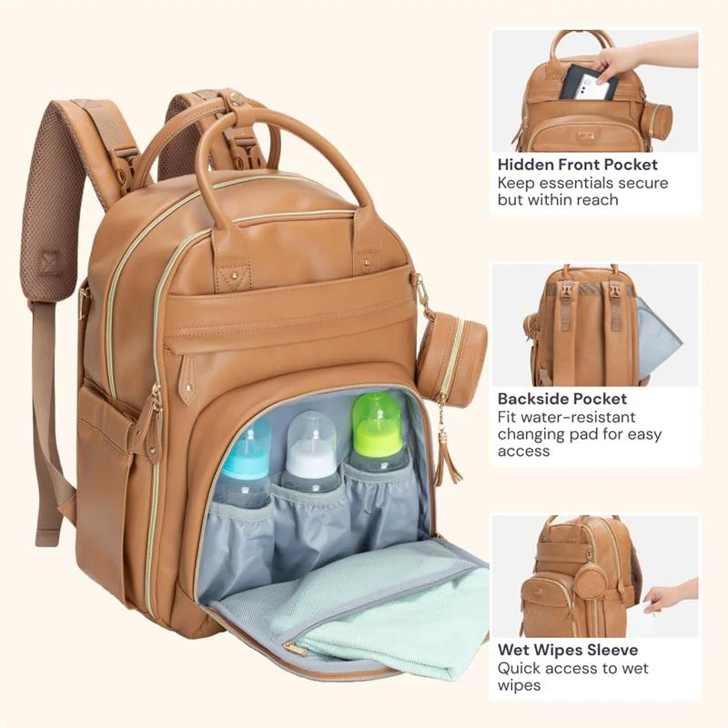 Babbleroo - Original Diaper Bag, Vegan Leather Light Brown - Image 4