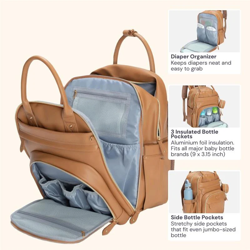 Babbleroo - Original Diaper Bag, Vegan Leather Light Brown - Image 5