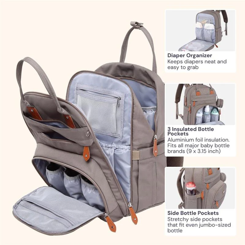 BabbleRoo - Travel Essentials Baby Bag with Changing Pad, Khaki - Image 3