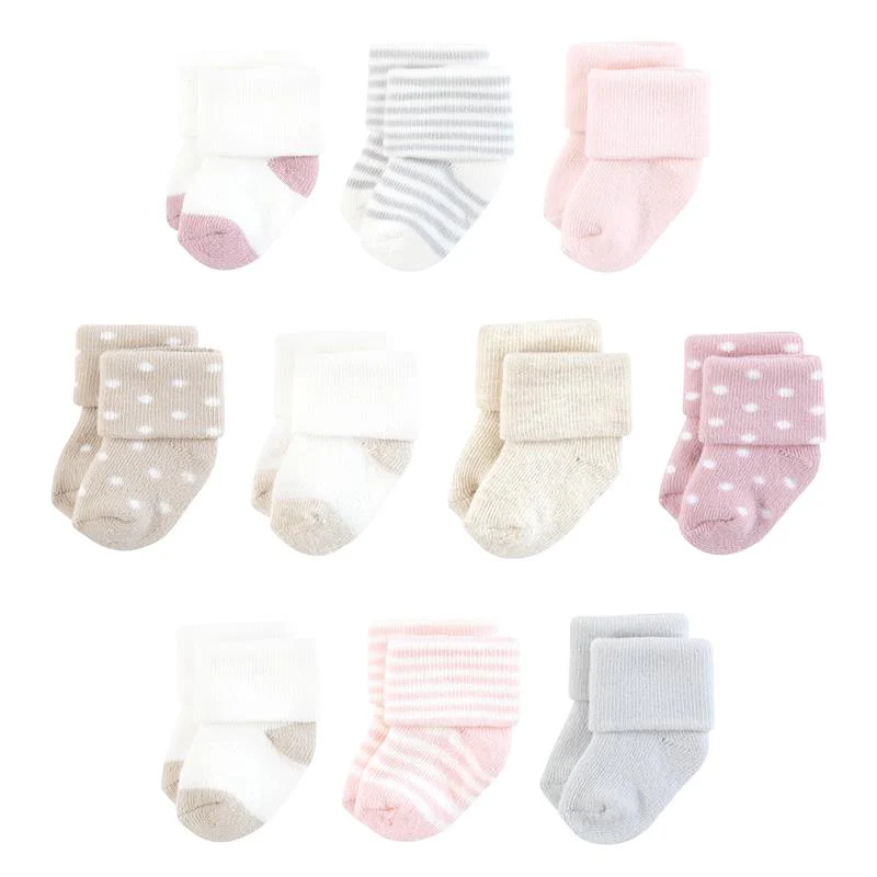 Baby Vision 10Pk Organic Terry Socks, Soft Pink Dot Stripe