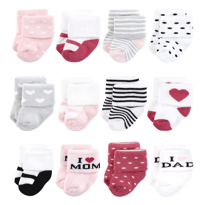 Baby Vision 12Pk Terry Socks Mom & Dad Girl Pink/Black
