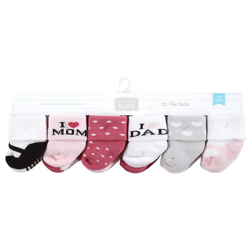 Baby Vision 12Pk Terry Socks Mom & Dad Girl Pink/Black - Image 2