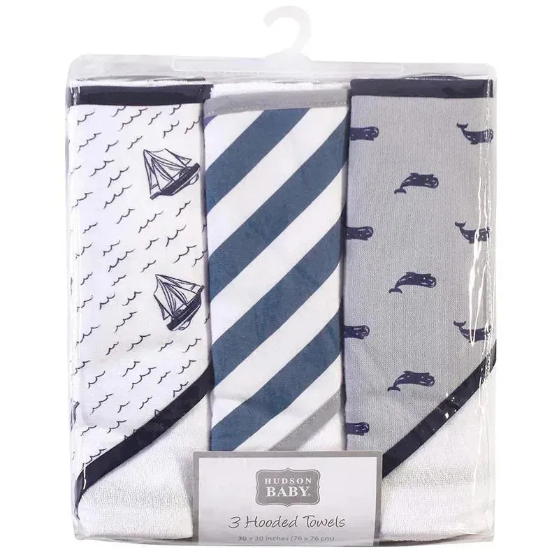Baby Vision - 3Pk Hudson Baby Cotton Rich Hooded Towels, Sailboat - Image 2