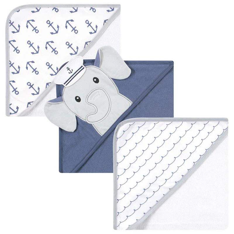 Baby Vision - 3Pk Hudson Baby Unisex Baby Cotton Rich Hooded Towels, Sailor Elephant