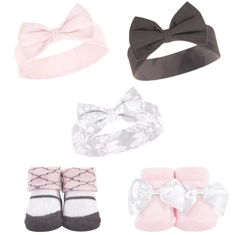 Baby Vision 5Pk Unisex Baby Headband & Socks Set, Damask, 0/9M