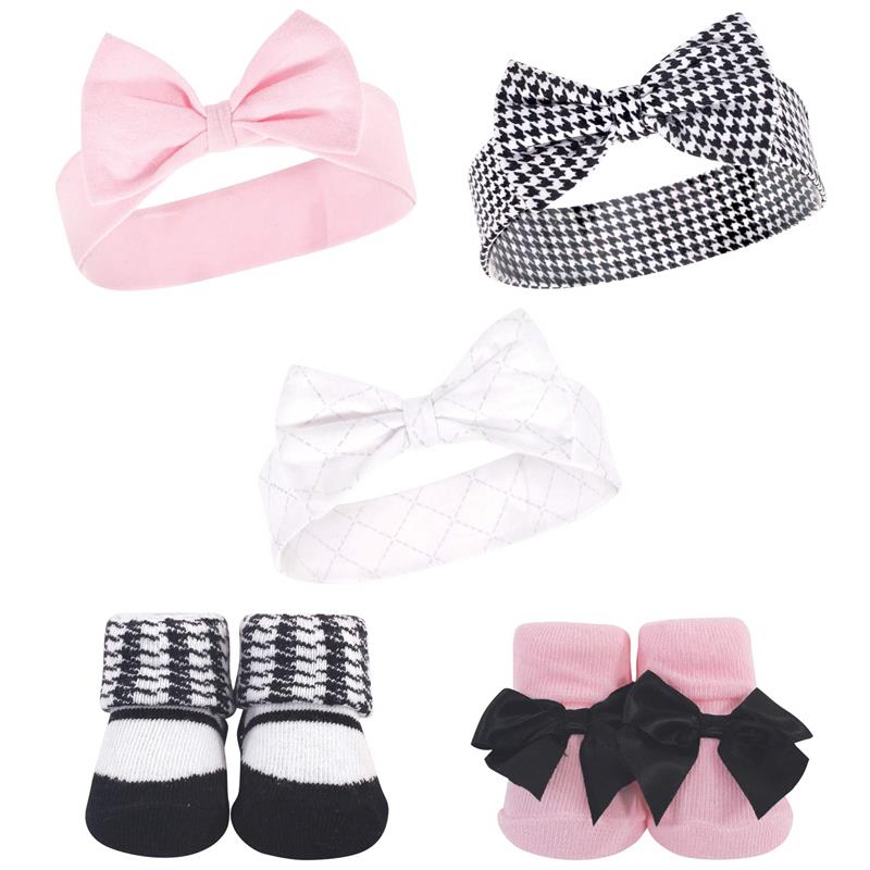 Baby Vision 5Pk Unisex Baby Headband & Socks Set, Houndstooth, 0/9M - Image 2