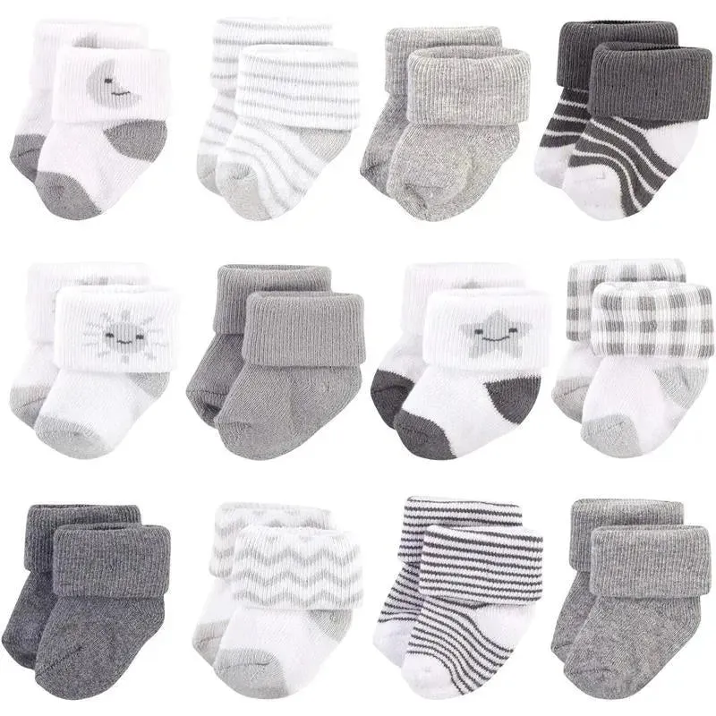 Baby Vision - Baby Girls' Cotton Rich Newborn and Terry Socks, Moon, 0-3M, 12Pk