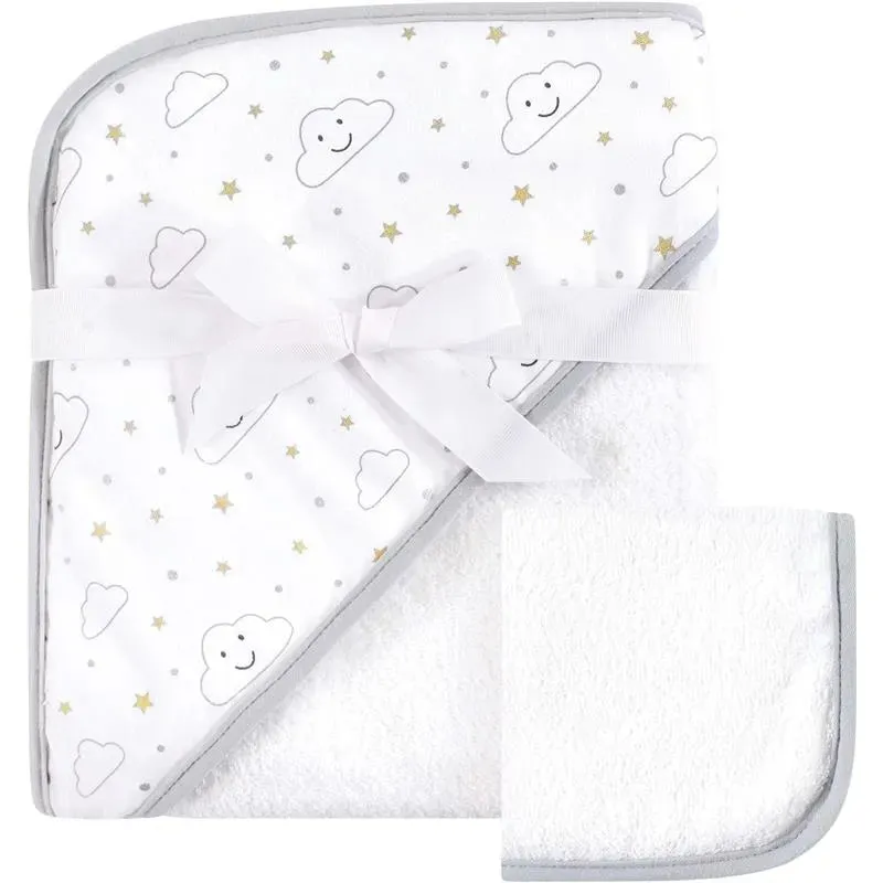 Baby Vision Bath - Print Woven Hooded Towel And Washcloth, Gray Cloud