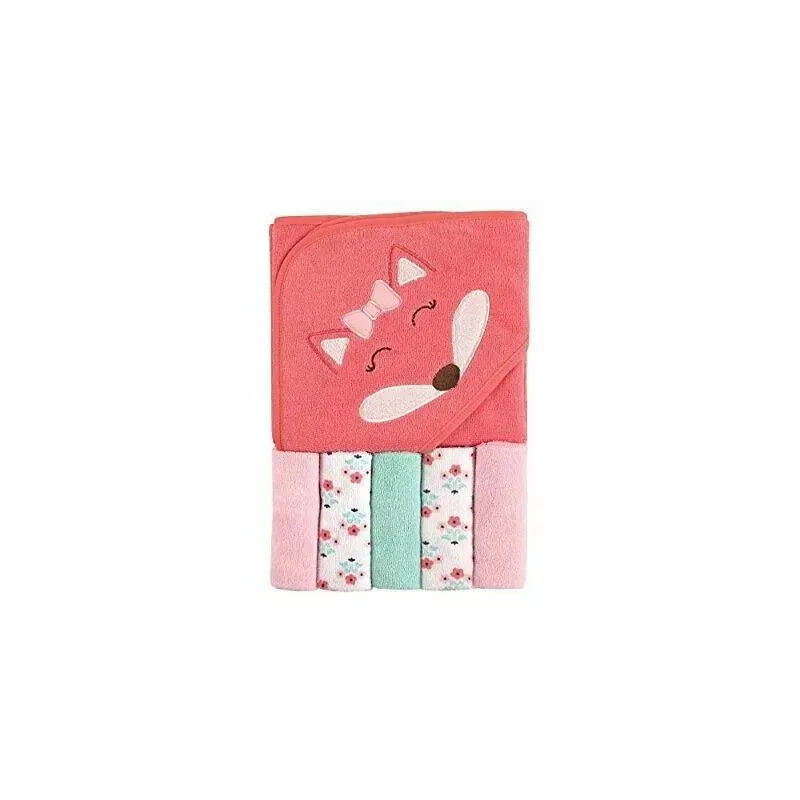 Baby Vision - Hooded Towel & 5 Washcloths Set, Girl Fox