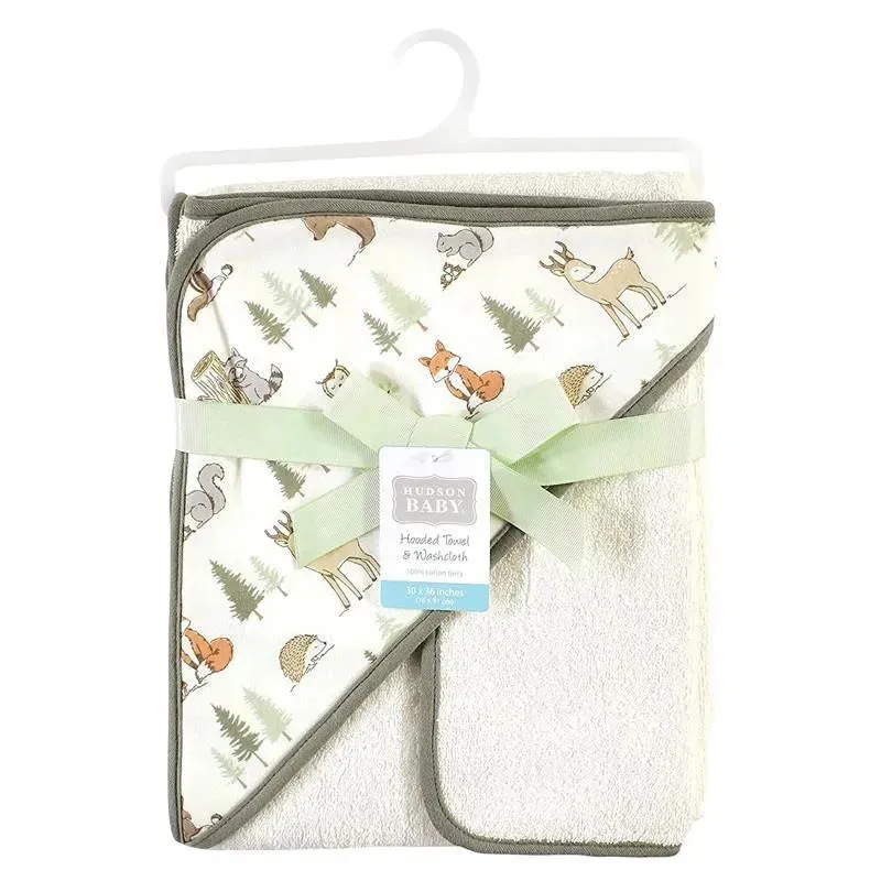 Baby Vision - Hudson Baby Cotton Hooded Towel and Washcloth, Forest Animals - Image 2
