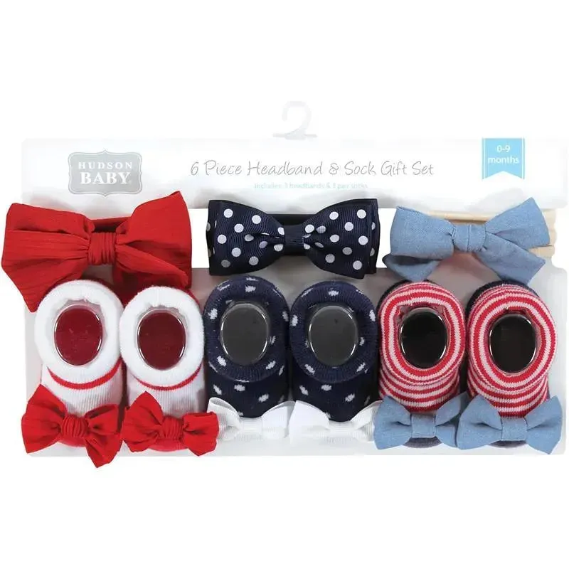 Baby Vision - Hudson Baby Girl's Headband and Socks Giftset, Red Chambray - Image 2