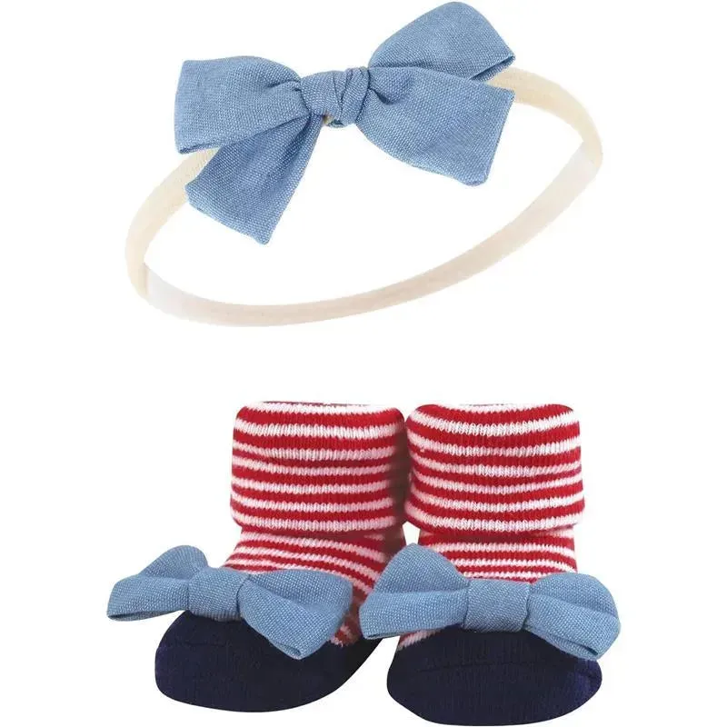 Baby Vision - Hudson Baby Girl's Headband and Socks Giftset, Red Chambray - Image 3