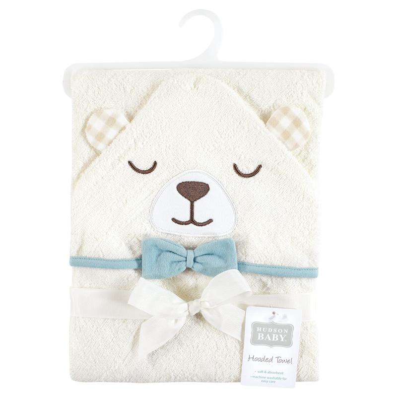 Baby Vision - Hudson Baby Unisex Baby Cotton Animal Face Hooded Towel, Gingham Bear Boy, One Size - Image 2