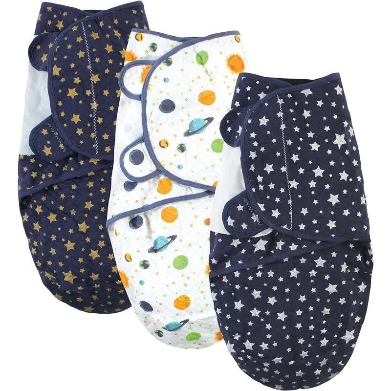 Baby Vision - Hudson Baby Unisex Baby Quilted Cotton Swaddle Wrap 3pk, Metallic Stars, 0-3 Months