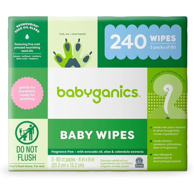 Babyganics - 3Pk Baby Wipes, Unscented Diaper Wipes (240 Count)