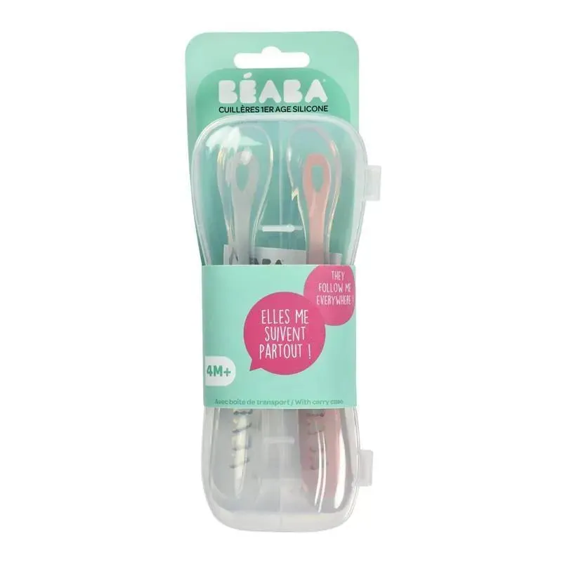 Beaba - 2Pk Silicone Spoon Travel Set, Cloud/Rose - Image 3