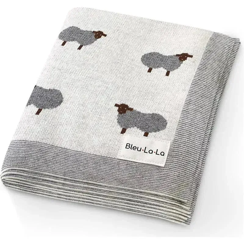 Bleu La La - 100% Luxury Cotton Swaddle Receiving Baby Blanket, Sheep Ivory