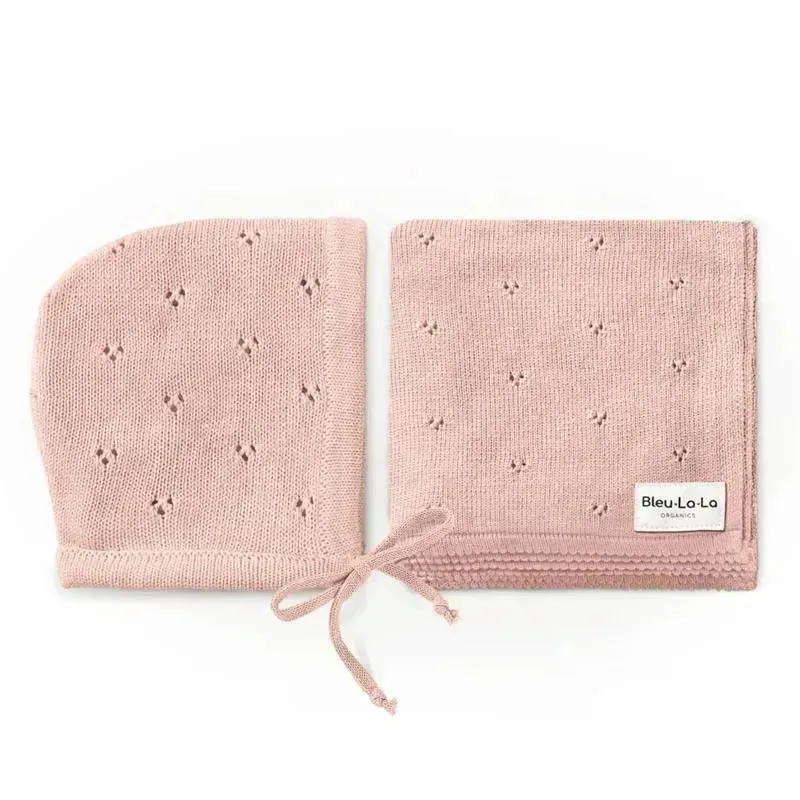 Bleu La La - 100% Organic Cotton Luxury Organic Blanket + Bonnet Hat Set, Pink