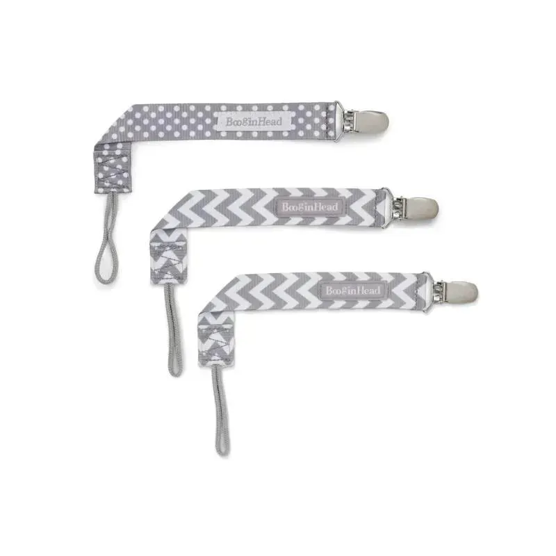 Booginhead - 3-Pack Pacifier Clips - Grey Dots & Chevron