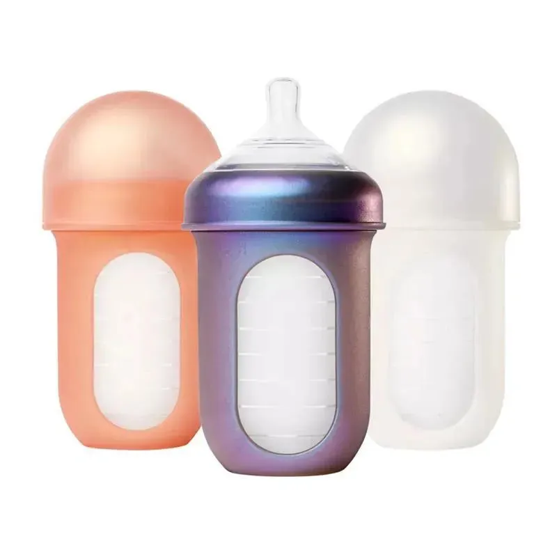 Boon - Nursh Silicone Baby Bottles with Collapsible Silicone Pouch - 8 fl oz, 3pk, Metallic