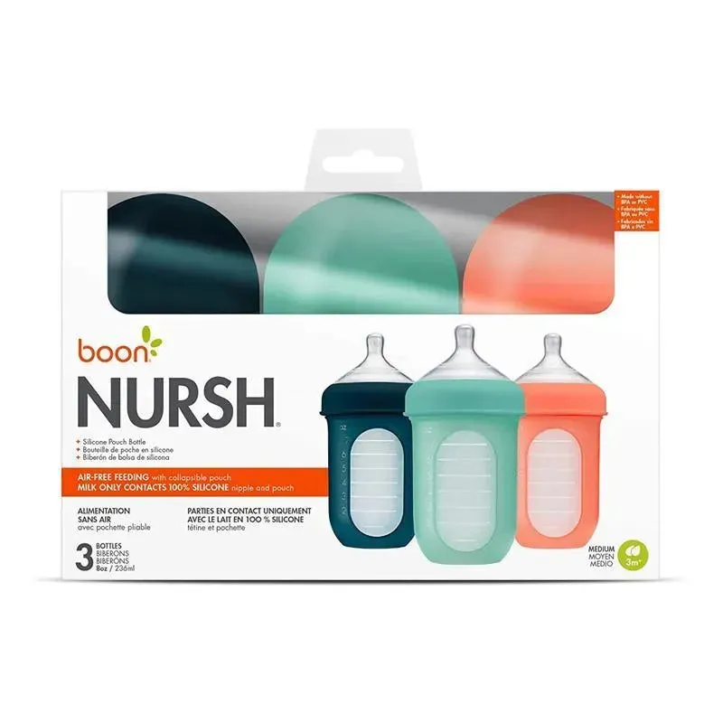 Boon - 3Pk Nursh Silicone Bottle 8Oz, Mint/Cantaloupe/Navy - Image 6