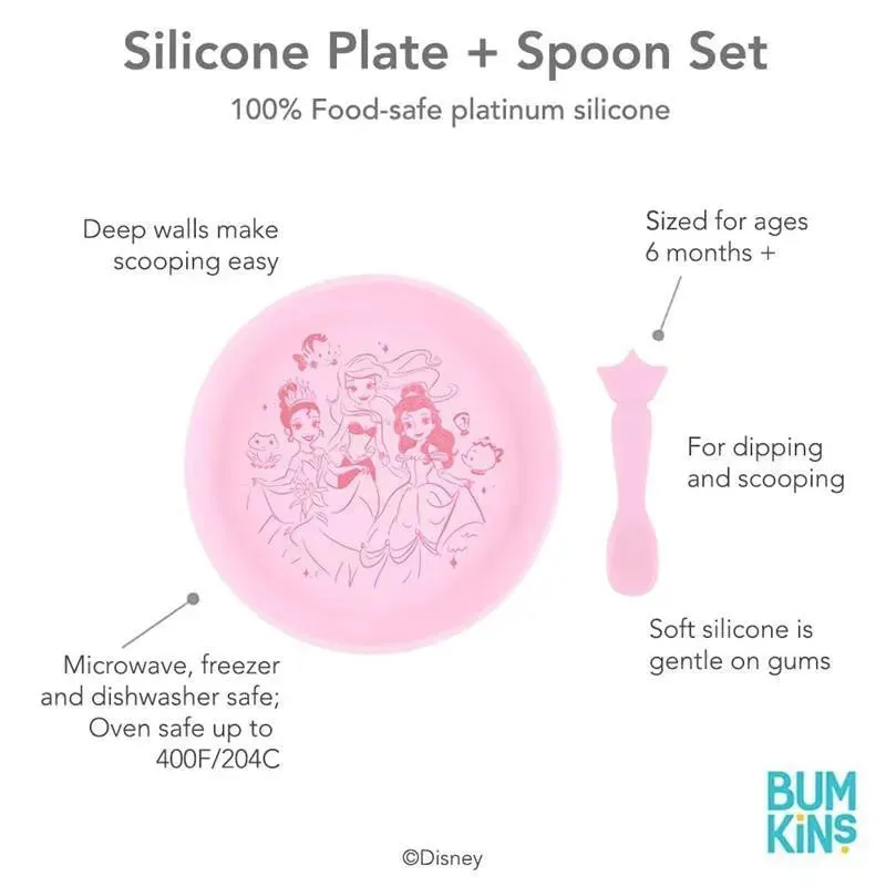 Bumkins - Disney Baby and Toddler Silicone Plate and Spoon Set, 6 Months Up, Princess - Image 2