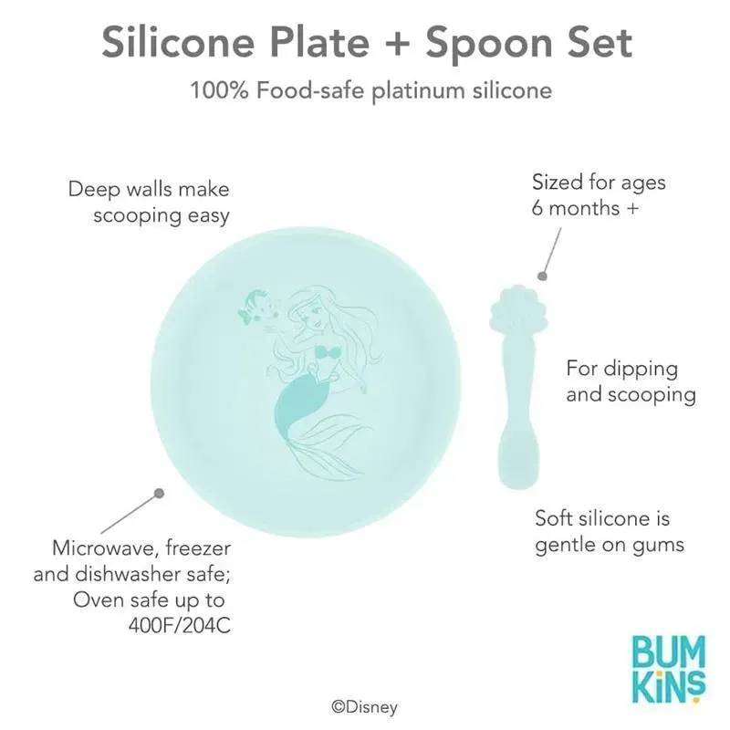 Bumkins - Disney Baby and Toddler Silicone Plate and Spoon Set, 6 Months Up, Princess Ariel - Image 2