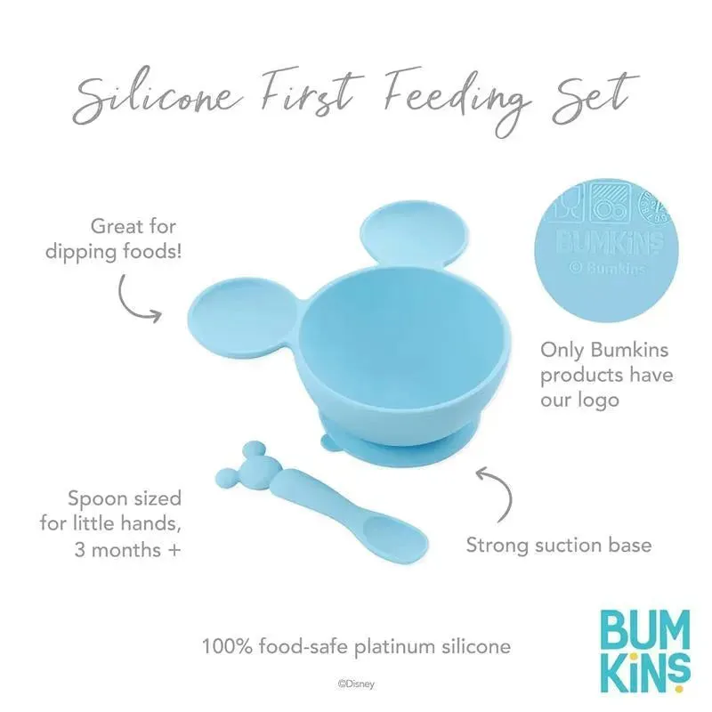 Bumkins - Silicone Feeding Set with Suction for Baby and Toddler, Mickey Mouse Light Blue - Image 2