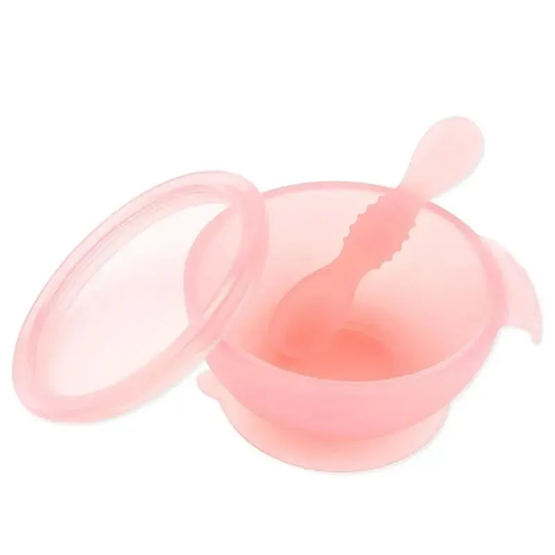 Bumkins - Silicone Feeding Set with Suction for Baby and Toddler, Pink Jelly