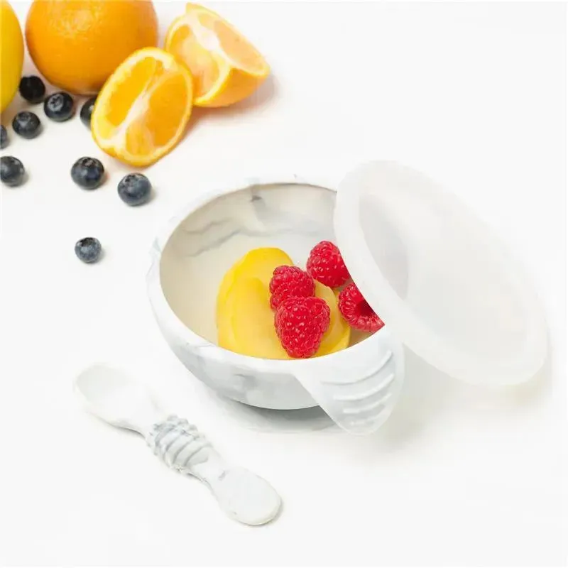 Bumkins Silicone First Feeding Set with Lid & Spoon, Marble - Image 2