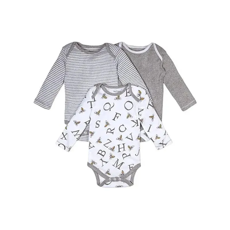 Burts Bees - 3Pk A-Bee-C Organic Long Sleeve Bodysuits, Heather Grey