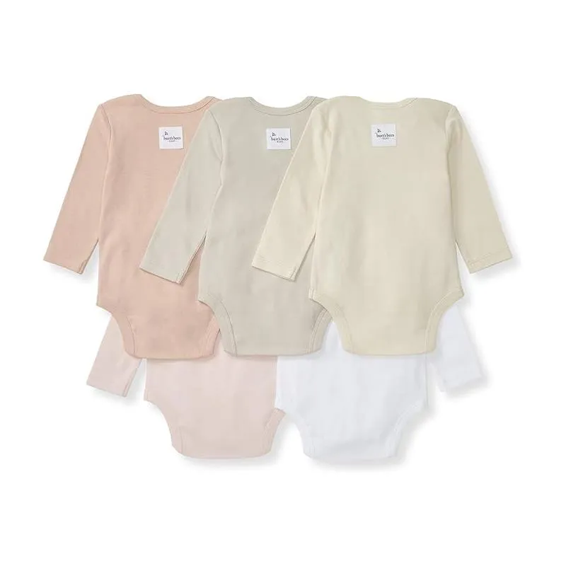 Burts Bees - 5Pk Baby Girl Solid Long Sleeve Bodysuits, Pink Sand - Image 2